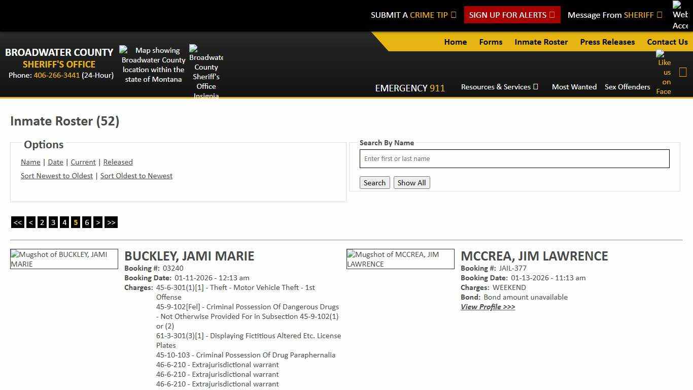 Inmate Roster - Page 5 Current Inmates Booking Date Ascending - Broadwater County Sheriff