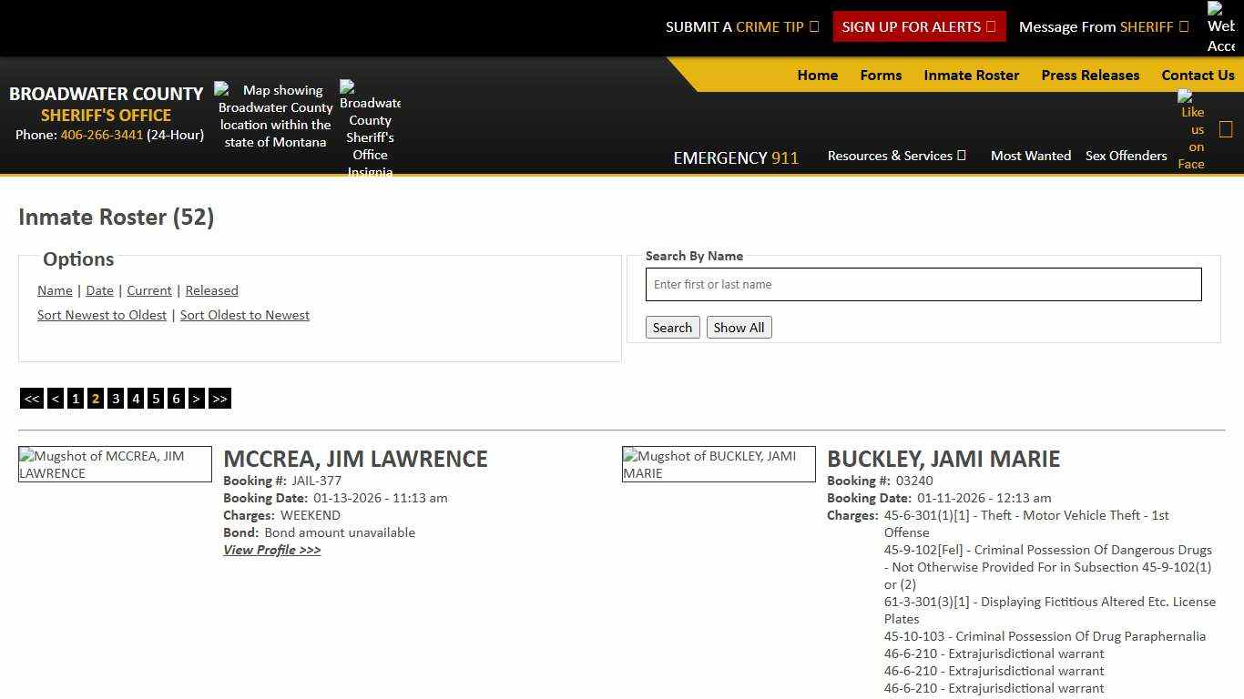 Inmate Roster - Page 2 Current Inmates Booking Date Descending - Broadwater County Sheriff